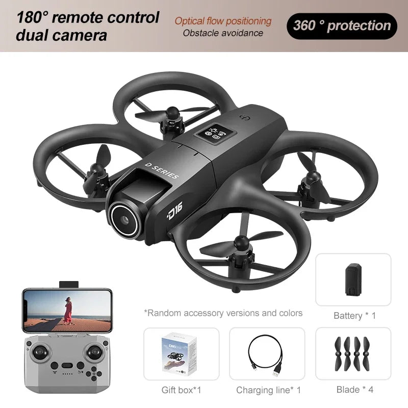 2025 D16 Mini Drone with 180° Electric Adjustable 4K HD Camera WiFi Light Flow Drone Pocket Obstacle Avoidance Rc Quadcopter Toy