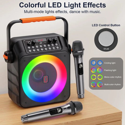 Karaoke Machine with 2 Wireless Microphones, Portable Speaker with LED Lights for Kids and Adults, Supports Bluetooth/USB/TF/AUX