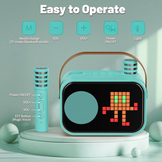 FanFun Bluetooth Speaker, Karaoke Machine for Kids, Portable Speaker with Microphone, 15 Animated Mode, 4 Funny Magic Voices