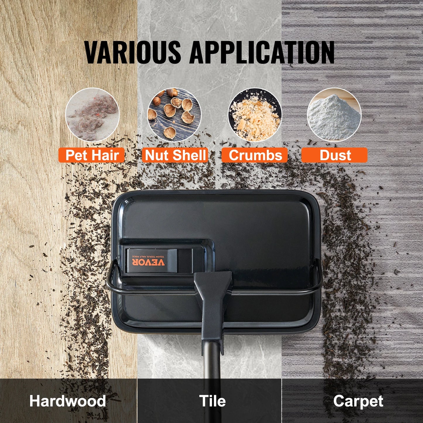 VEVOR Manual Carpet Sweeper 7.87 in Sweeping Paths 300 ml Dustbin Capacity with Comb for Home Rugs Hardwood Surfaces Wood Floors