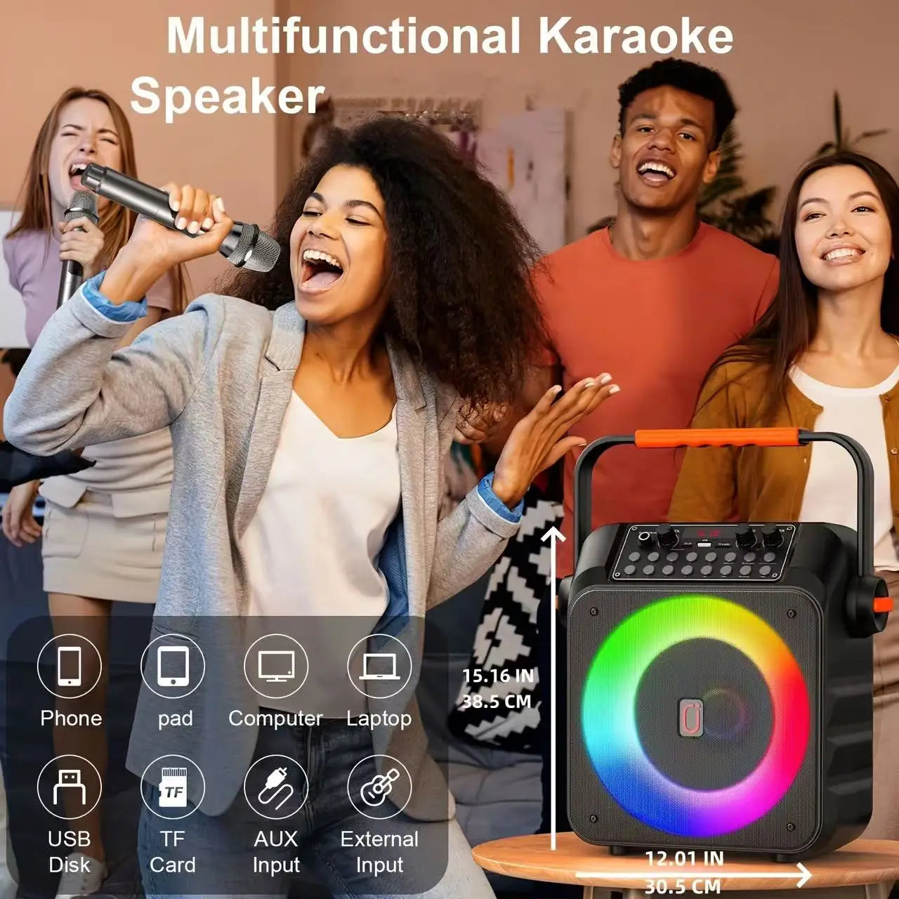 Karaoke Machine with 2 Wireless Microphones, Portable Speaker with LED Lights for Kids and Adults, Supports Bluetooth/USB/TF/AUX