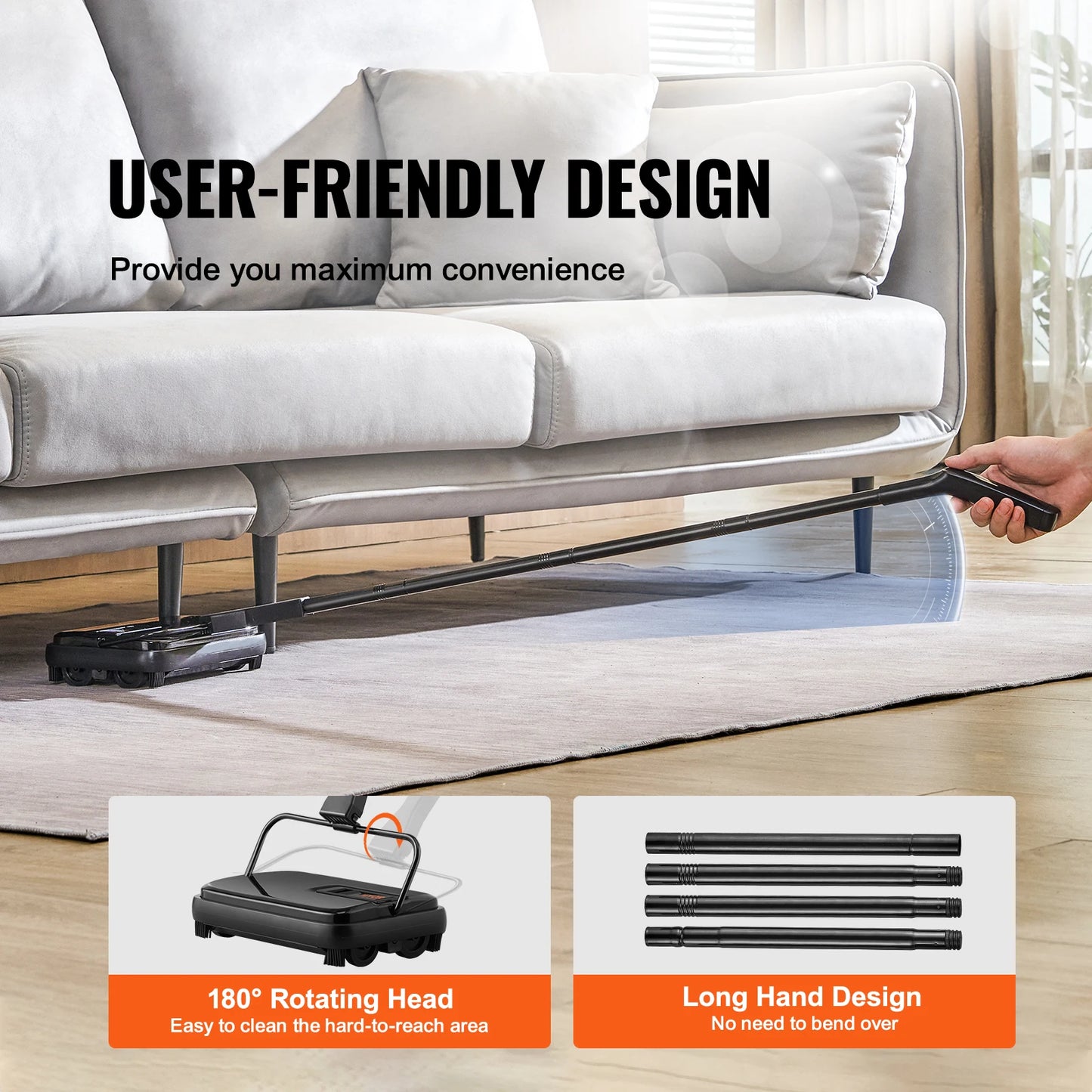 VEVOR Manual Carpet Sweeper 7.87 in Sweeping Paths 300 ml Dustbin Capacity with Comb for Home Rugs Hardwood Surfaces Wood Floors