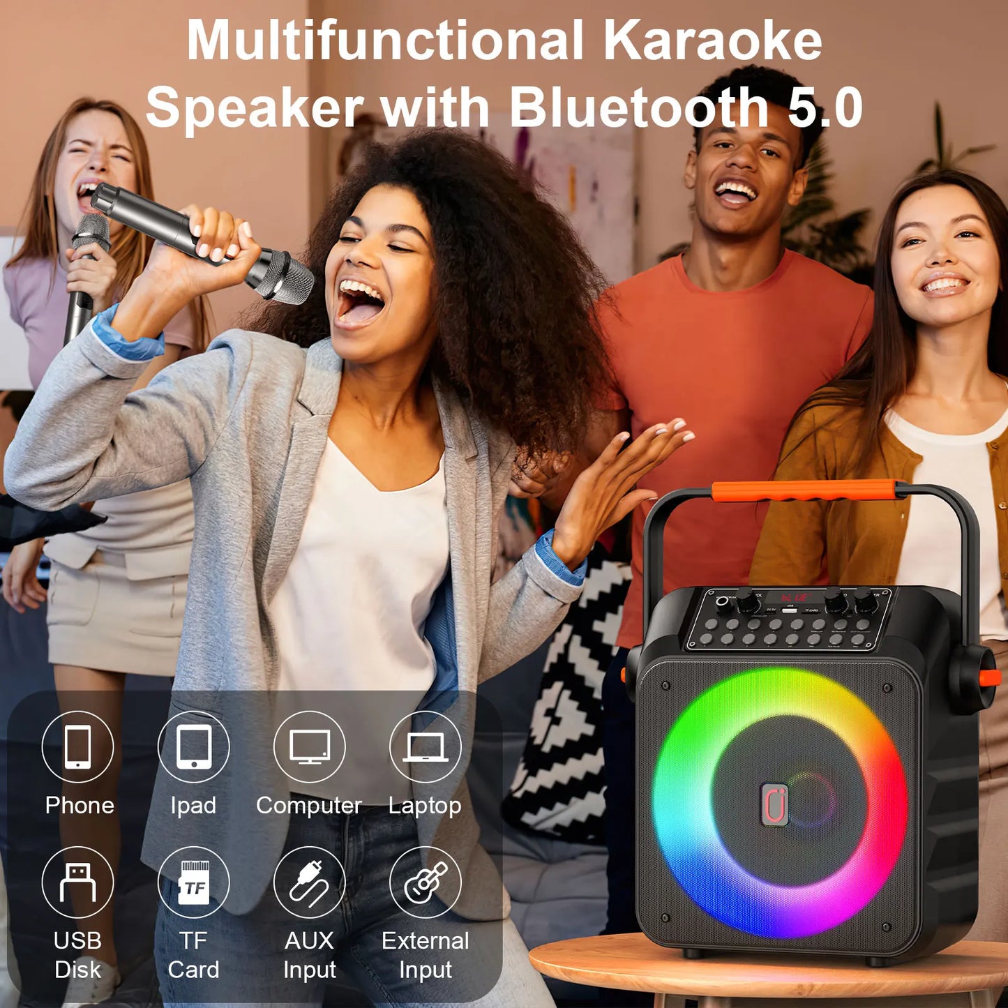 Karaoke Machine with 2 Wireless Microphones, Portable Speaker with LED Lights for Kids and Adults, Supports Bluetooth/USB/TF/AUX