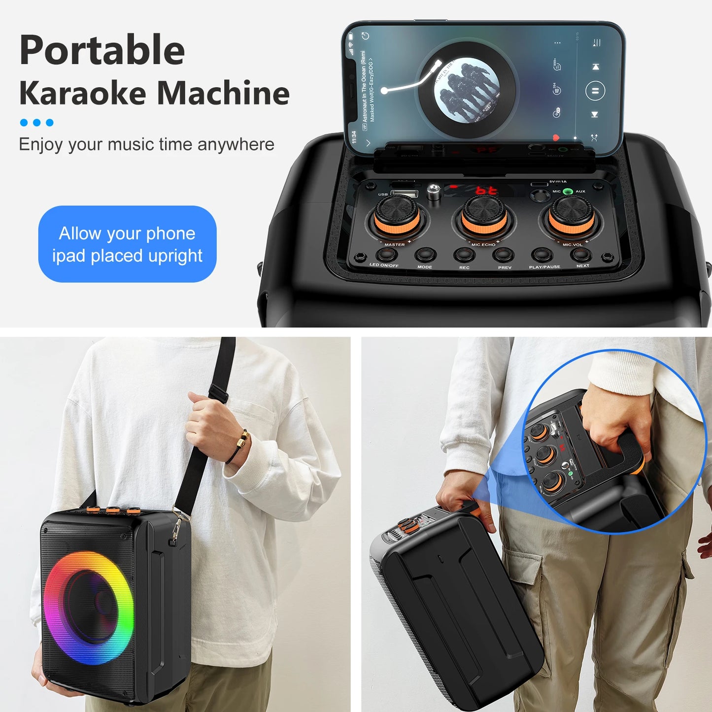 Karaoke Machine, Portable Bluetooth Speaker with 1 Wireless And 1 Wired microphone Microphones Adults & Kids for Party