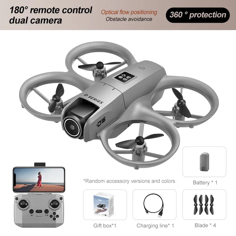 2025 D16 Mini Drone with 180° Electric Adjustable 4K HD Camera WiFi Light Flow Drone Pocket Obstacle Avoidance Rc Quadcopter Toy