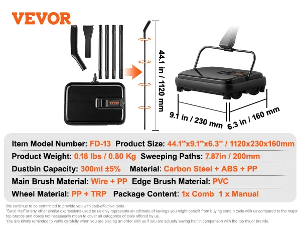 VEVOR Manual Carpet Sweeper 7.87 in Sweeping Paths 300 ml Dustbin Capacity with Comb for Home Rugs Hardwood Surfaces Wood Floors