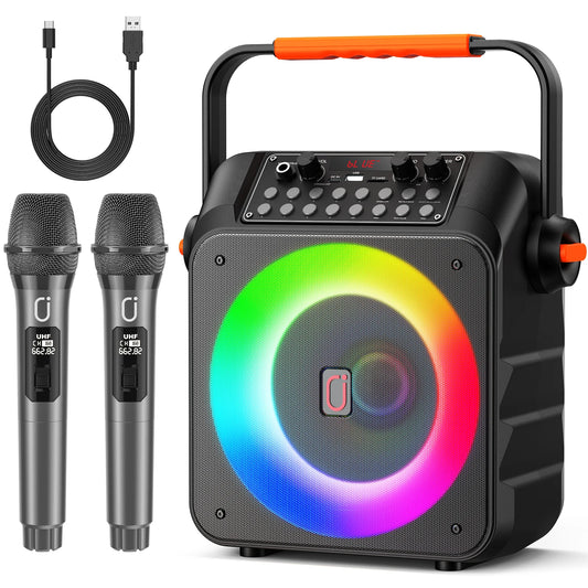 Karaoke Machine with 2 Wireless Microphones, Portable Speaker with LED Lights for Kids and Adults, Supports Bluetooth/USB/TF/AUX