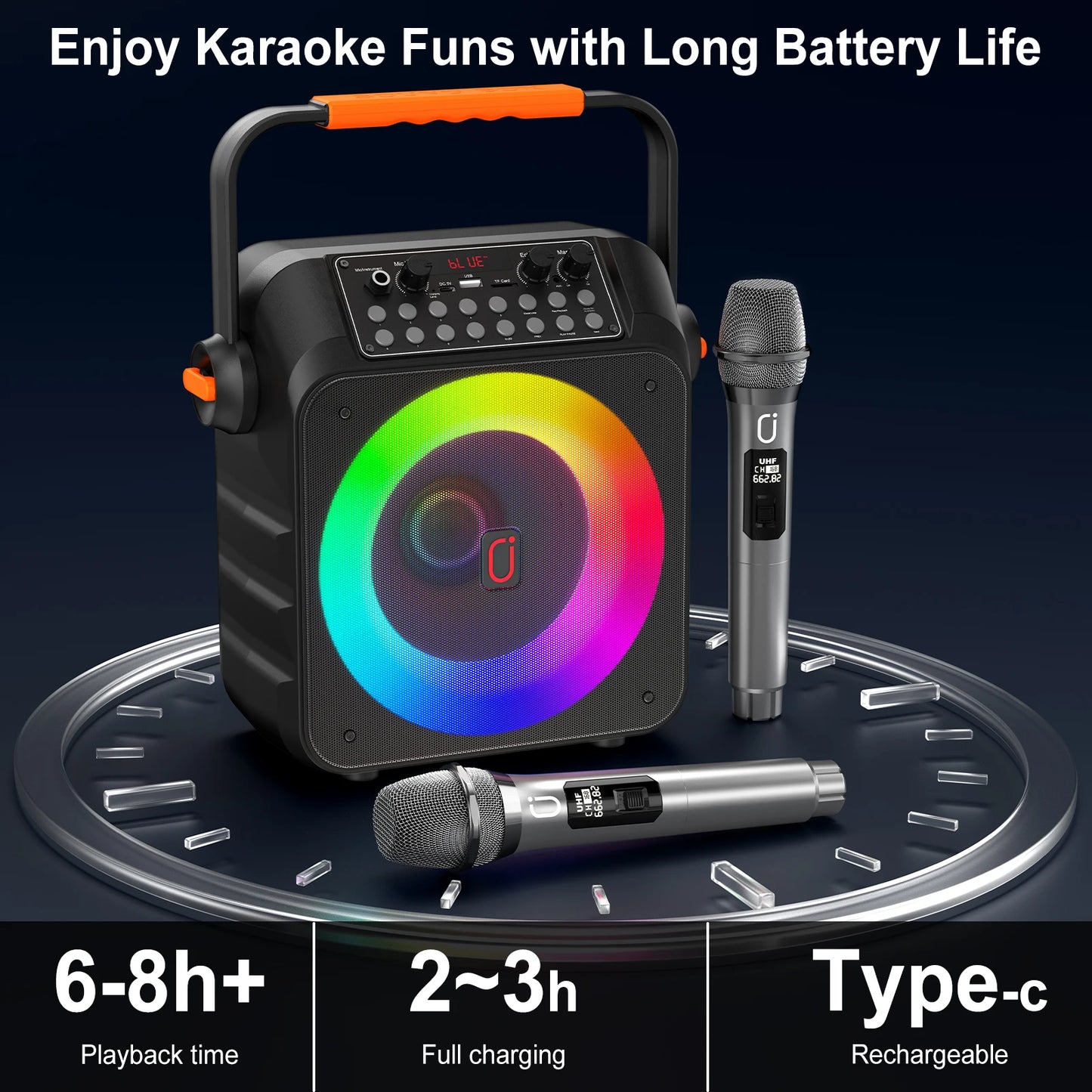 Karaoke Machine with 2 Wireless Microphones, Portable Speaker with LED Lights for Kids and Adults, Supports Bluetooth/USB/TF/AUX