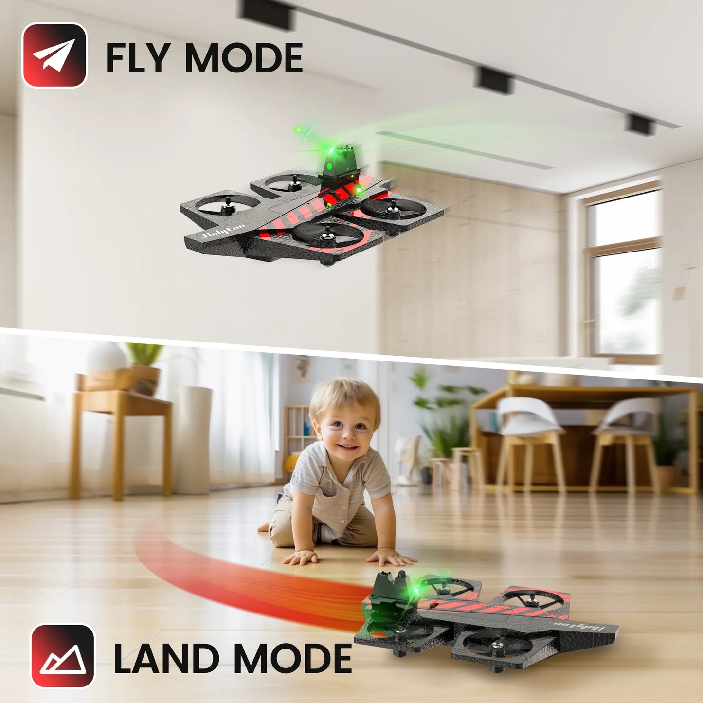 Holyton HT40: 2-in-1 RC Drone for All, Beginner-Friendly, Modes: Land/Fly, Altitude Hold, Headless, 3D Flips, Emergency Stop,C0.